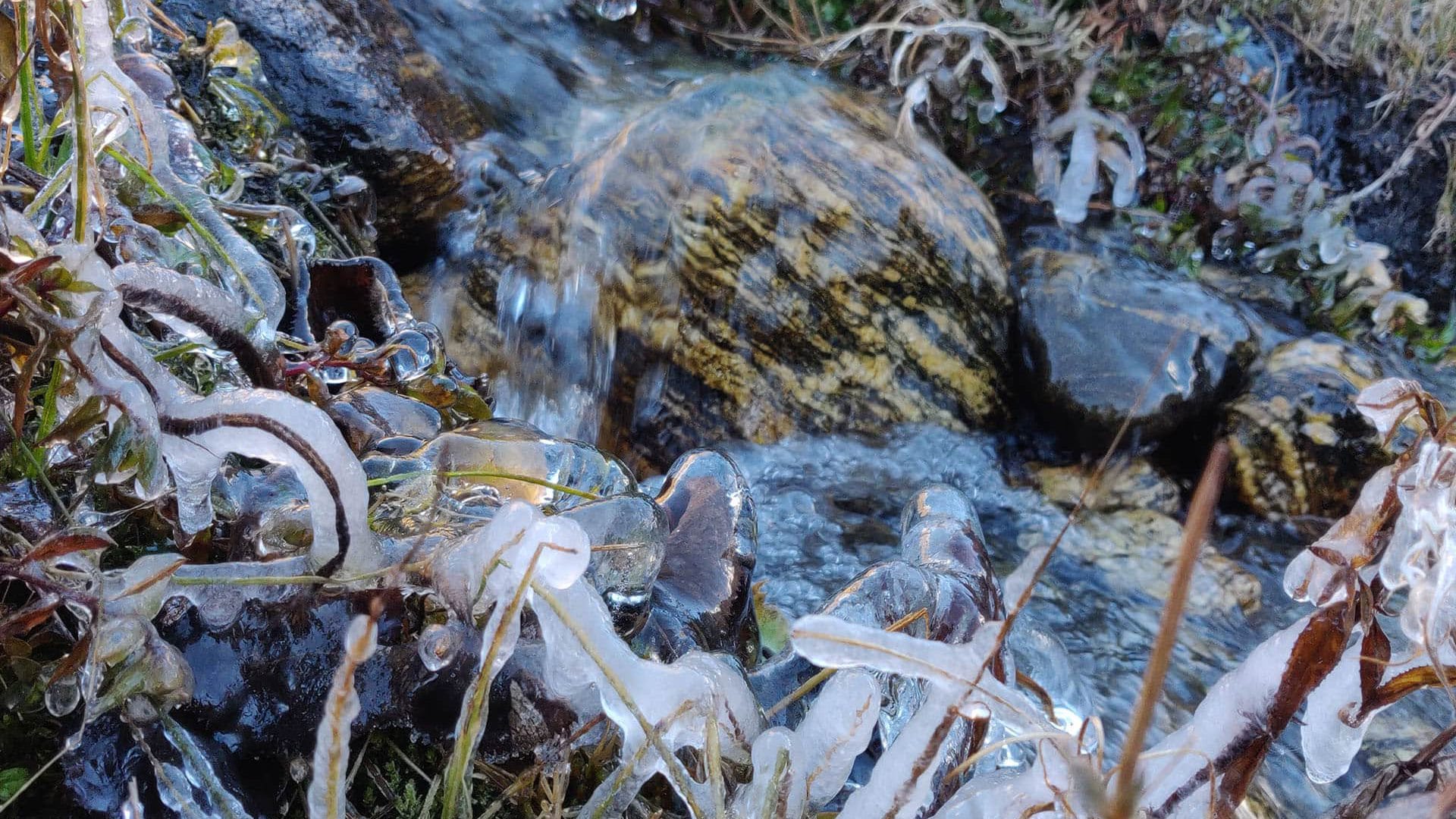 Frozen Water Layers on Grasses and Rocks near Water Streams behind Kedarnath Temple